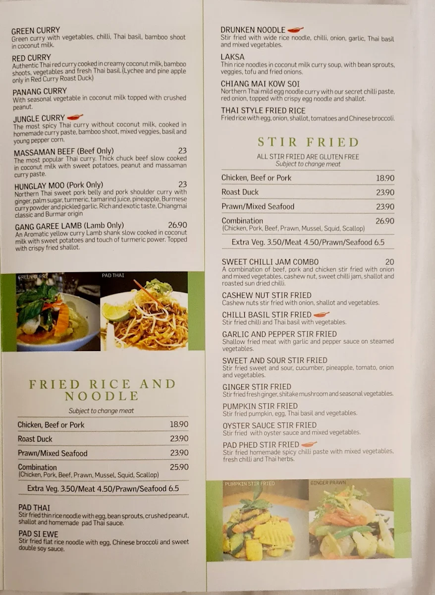 Menu, Thai In-fa Cabarita Restaurant