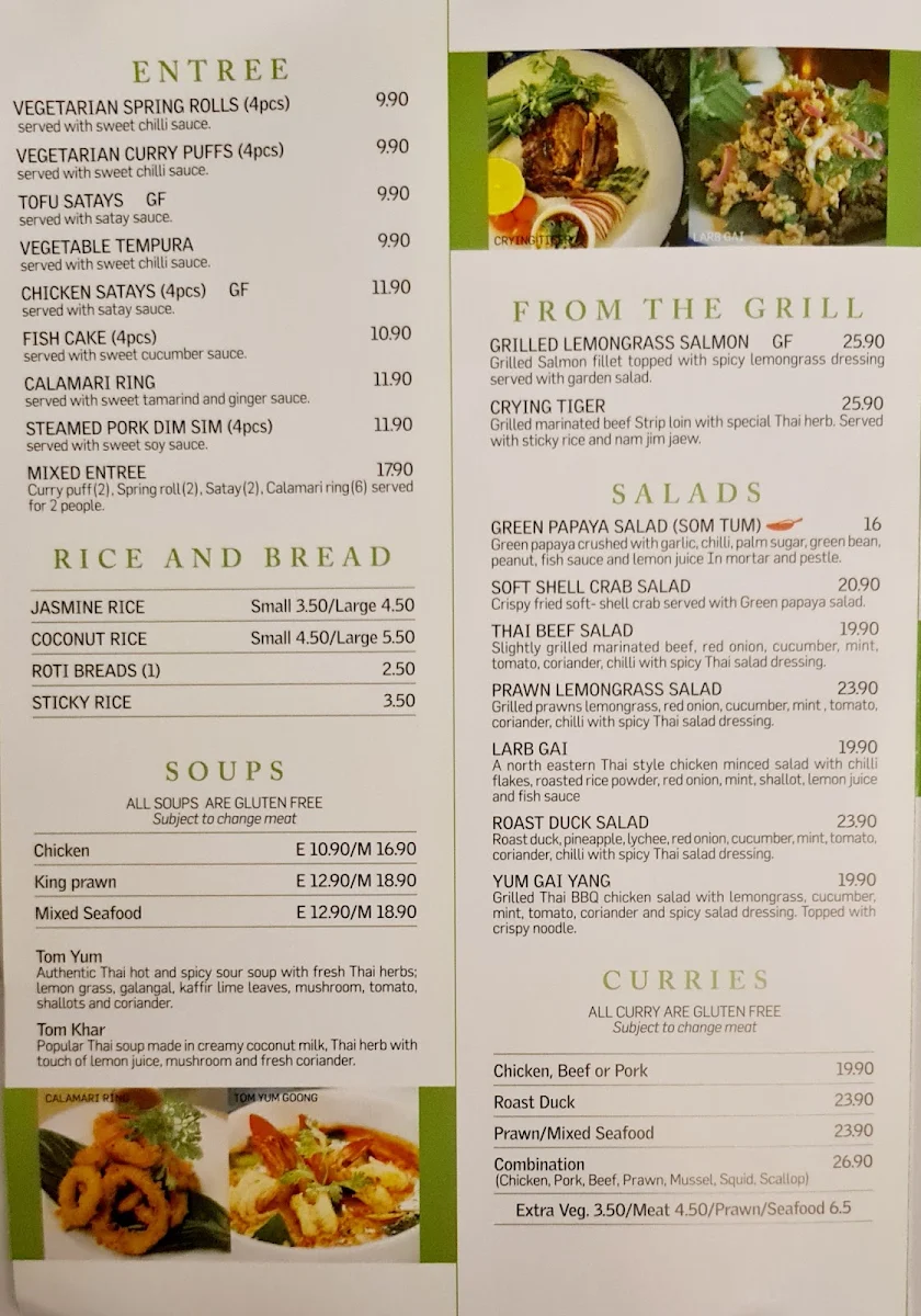 Menu, Thai In-fa Cabarita Restaurant