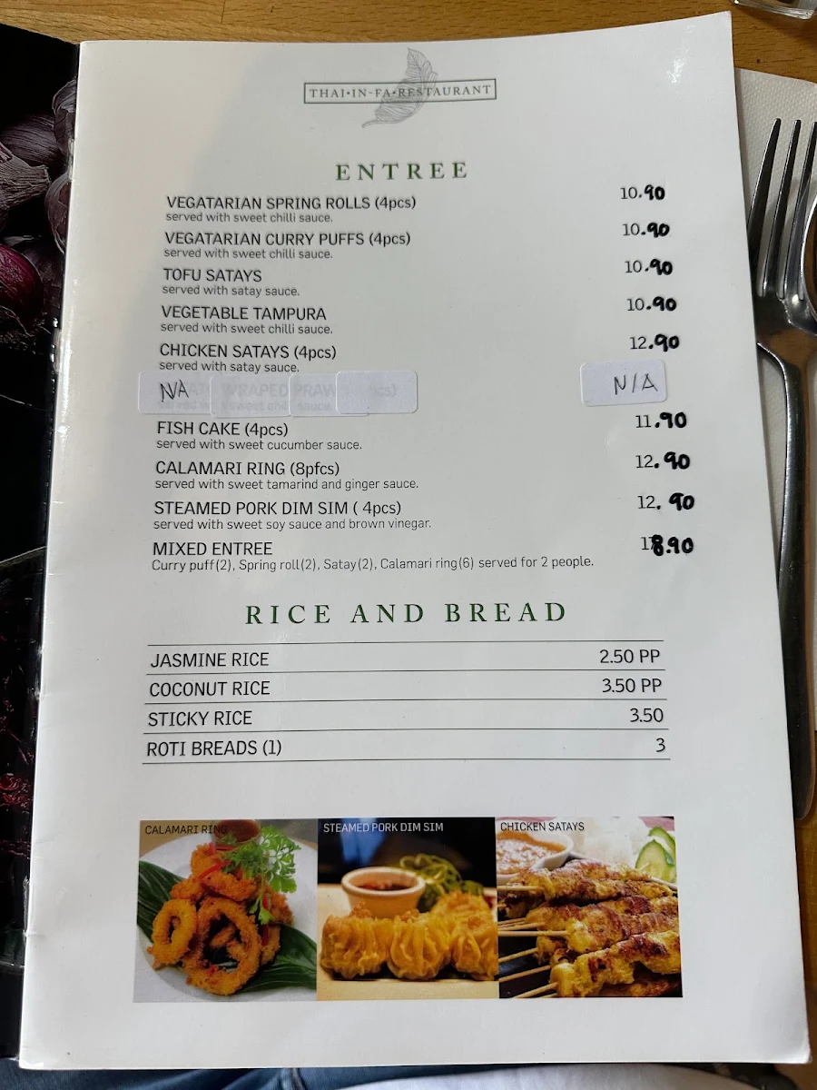 Menu, Thai In-fa Cabarita Restaurant
