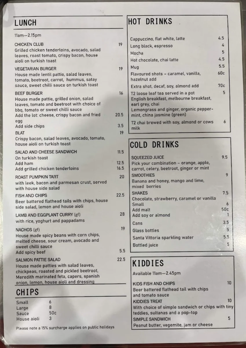 Menu, Minnamurra General Store & Cafe