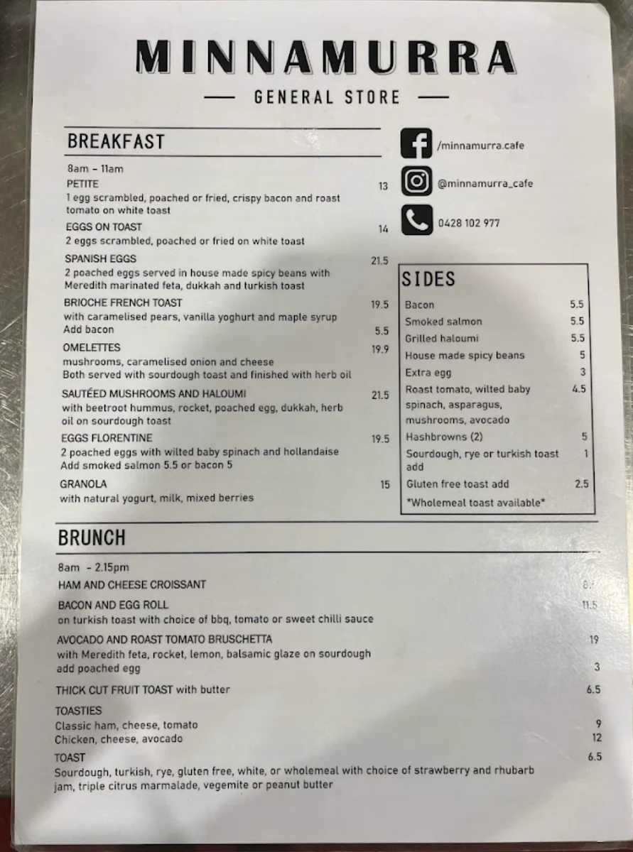 Menu, Minnamurra General Store & Cafe