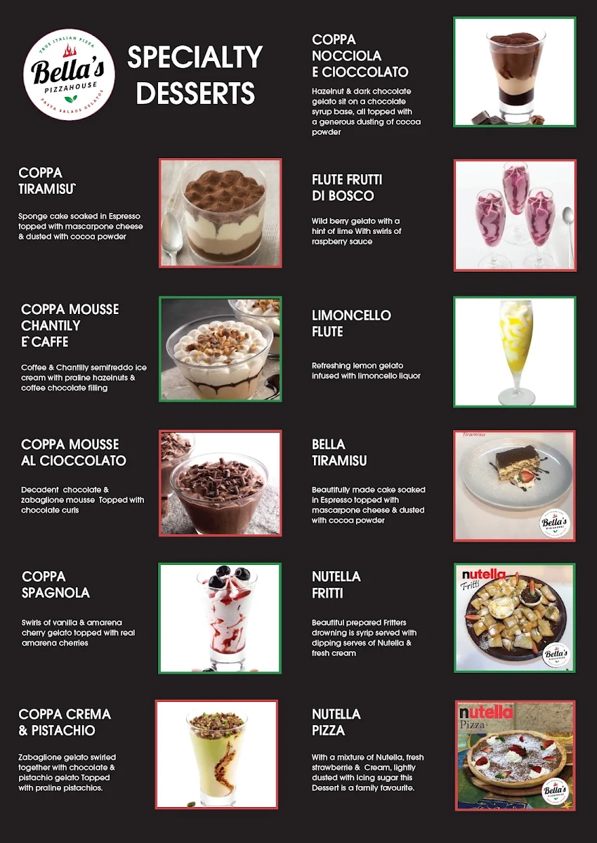 Menu, Bella's Pizzahouse