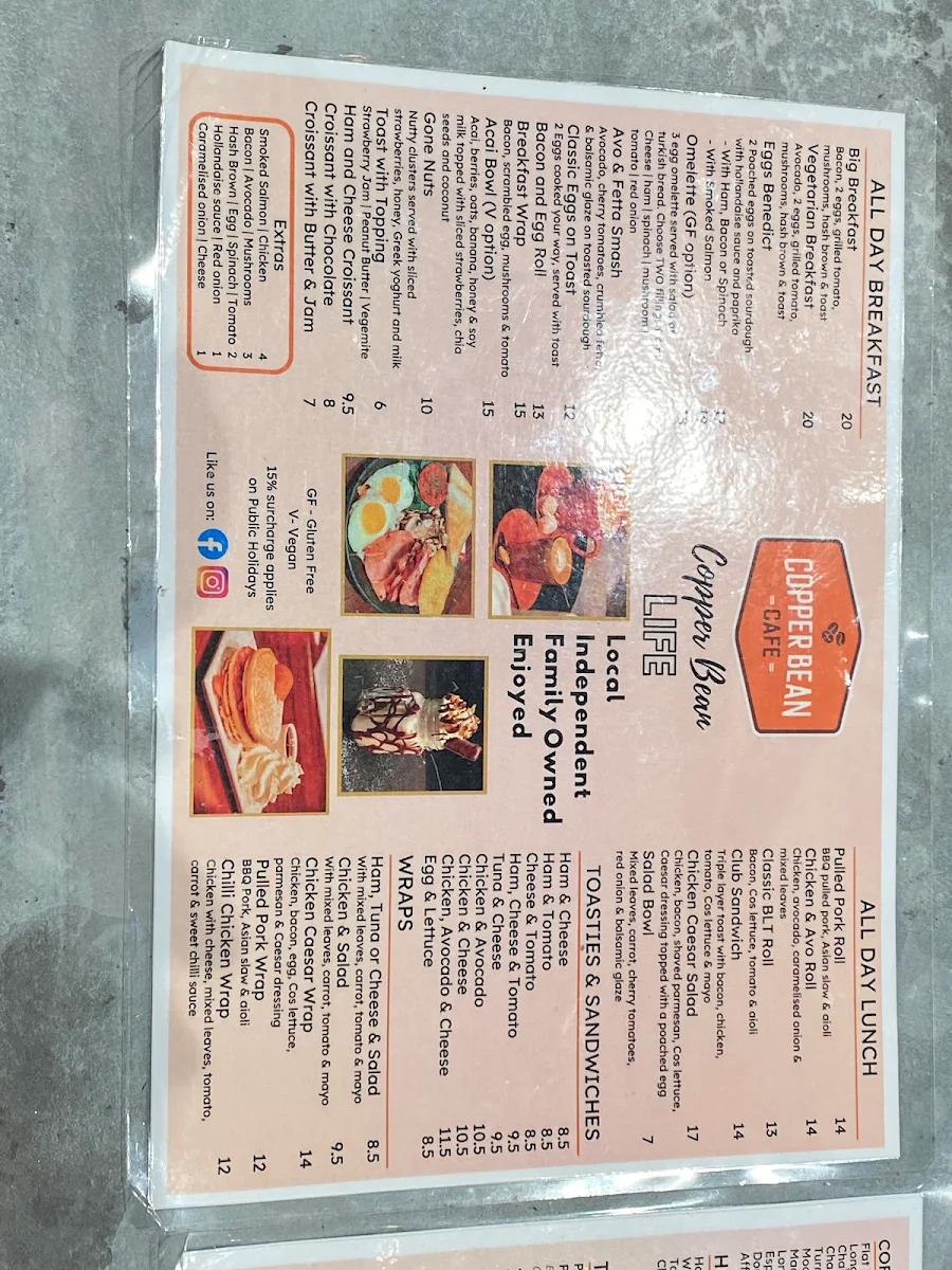 Menu, Copper Bean Café