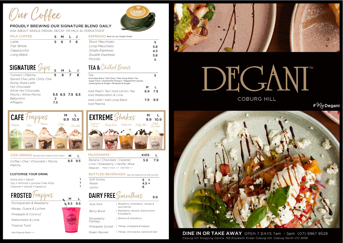 Menu, Degani Coburg Hill