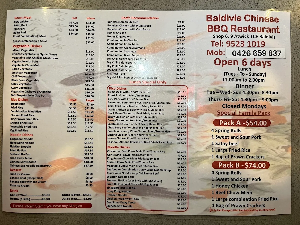 Menu, Baldivis Chinese BBQ Restaurant