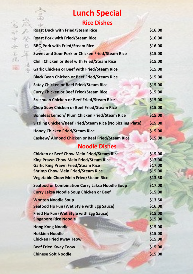 Menu, Baldivis Chinese BBQ Restaurant