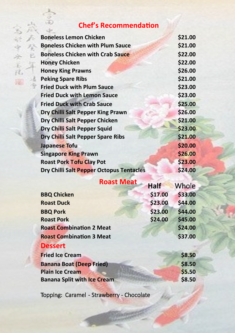 Menu, Baldivis Chinese BBQ Restaurant