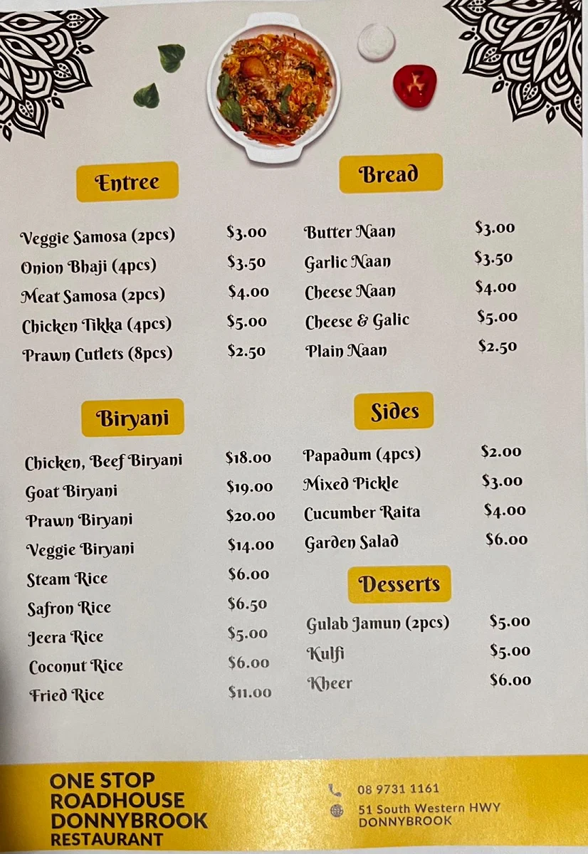 Menu, One Stop Roadhouse & KEBAB SHOP & Restaurant Donnybrook