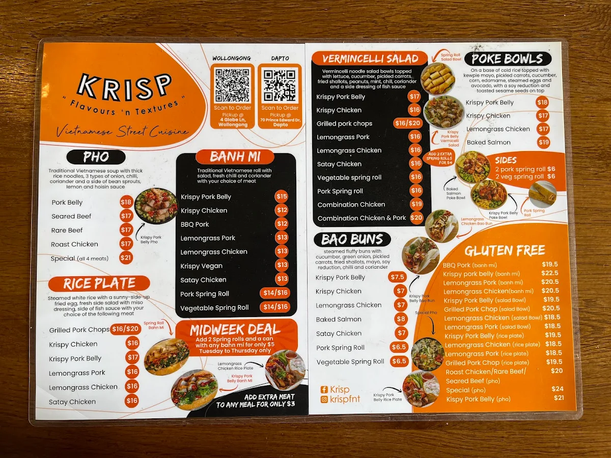 Menu, KRISP Wollongong