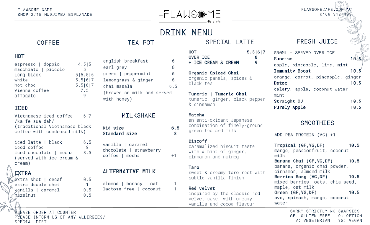 Menu, Flawsome Café