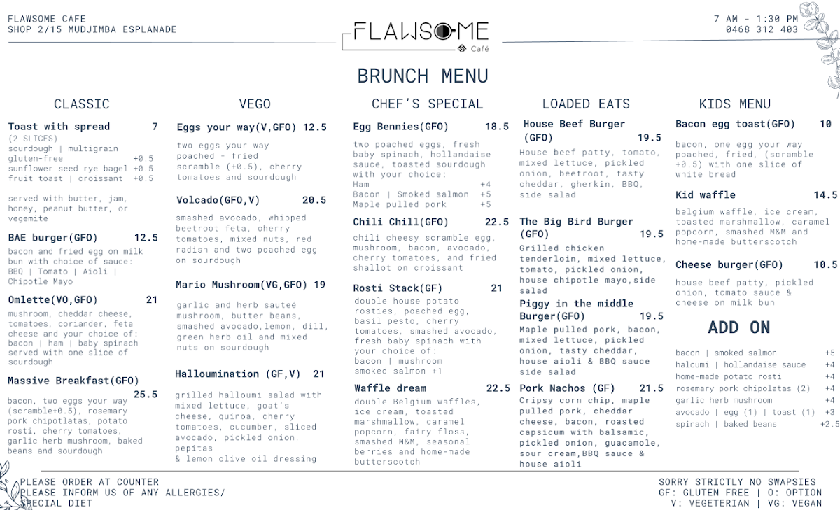 Menu, Flawsome Café