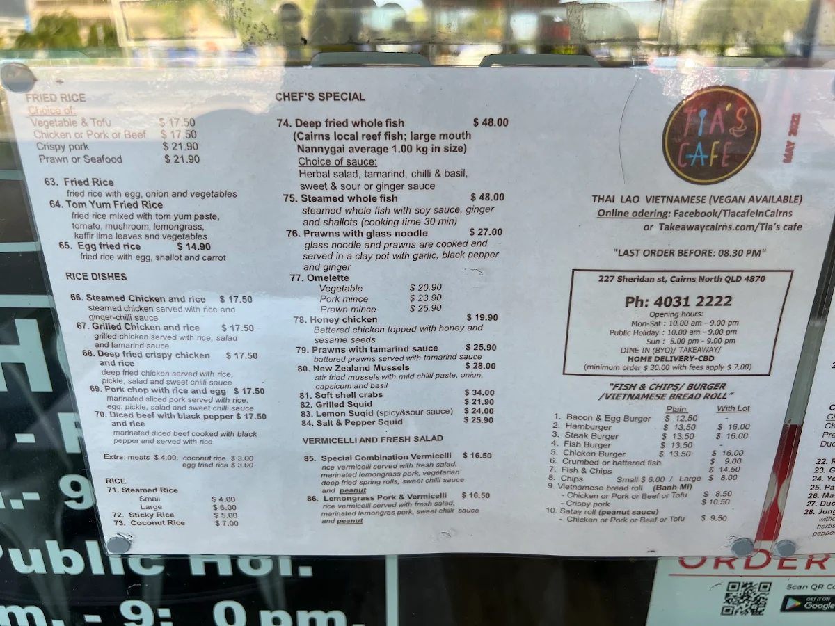 Menu, Tia's Cafe