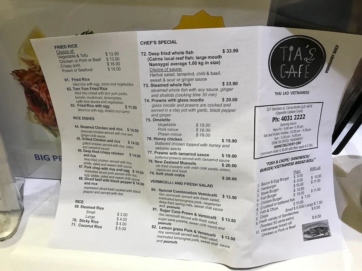 Menu, Tia's Cafe
