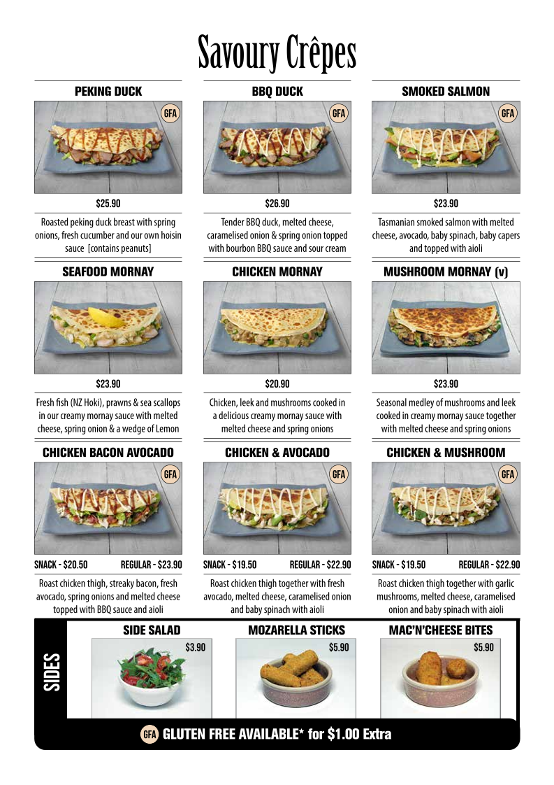 Menu, Miss Claudes Crepes Coomera