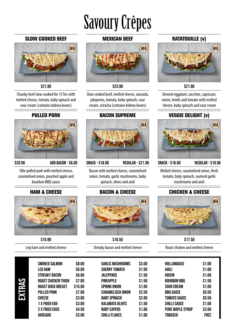 Menu, Miss Claudes Crepes Coomera