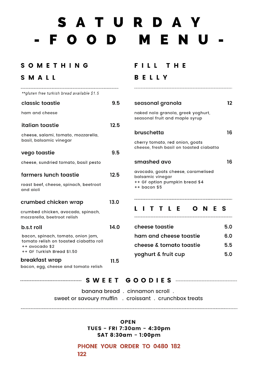 Menu, Lot 39 Store & Cafe