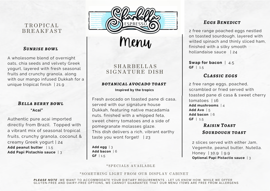 Menu, Sharbella Espresso