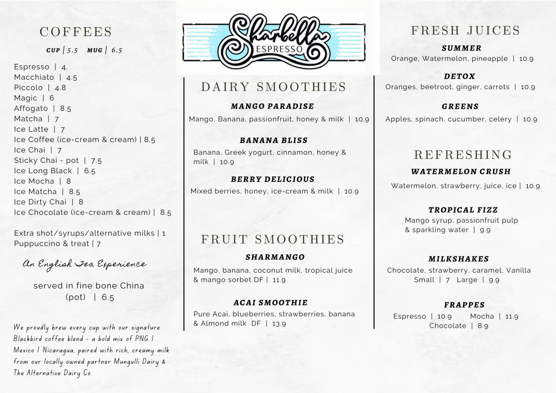 Menu, Sharbella Espresso