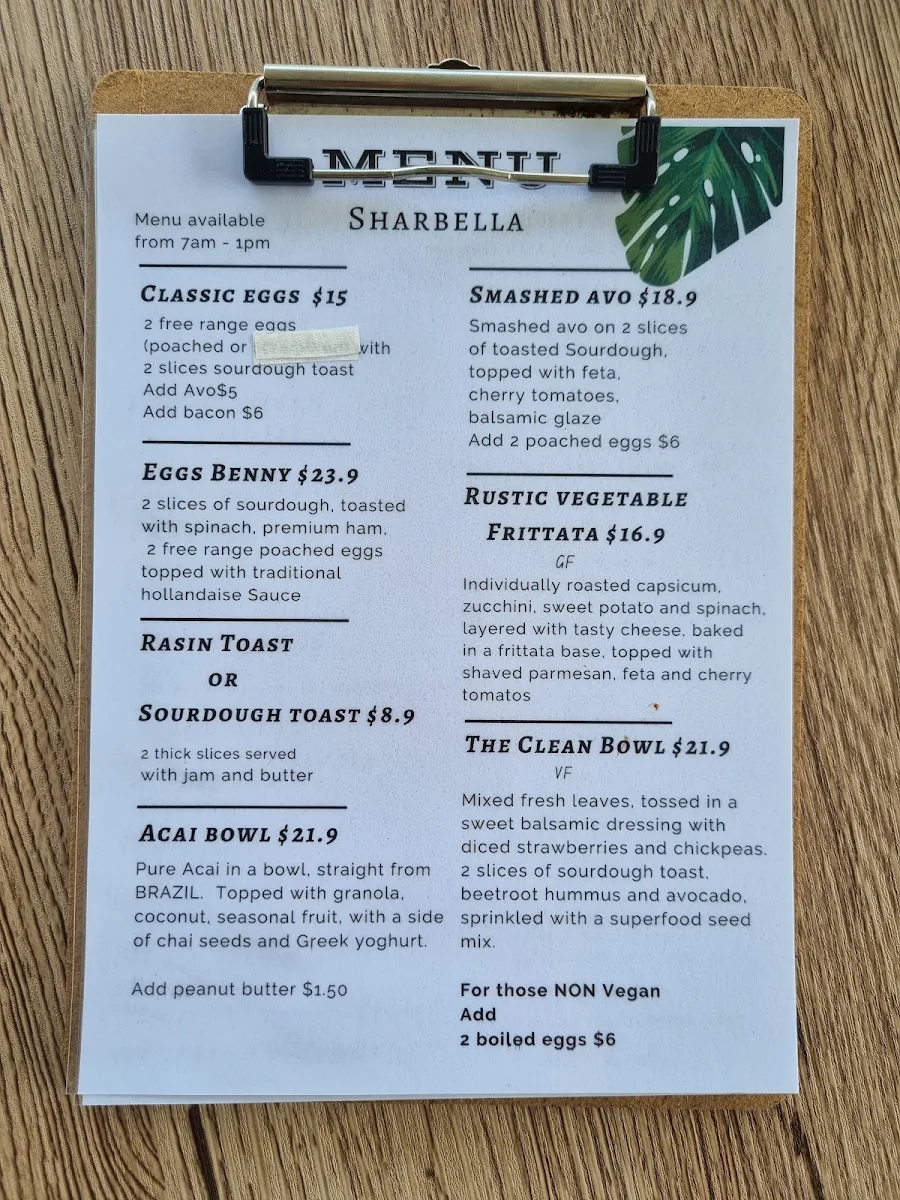 Menu, Sharbella Espresso