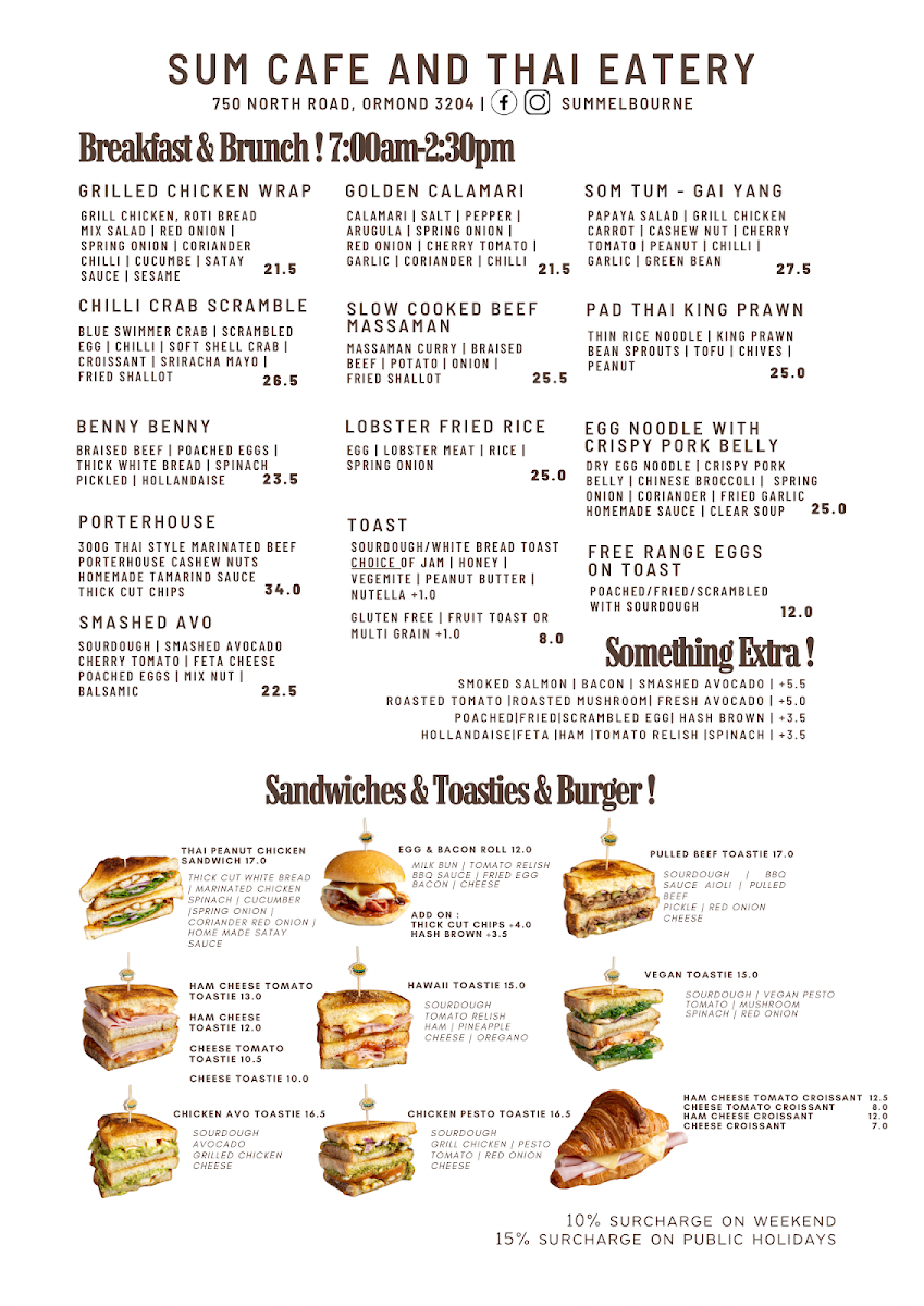 Menu, SUM Cafe and Thai eatery