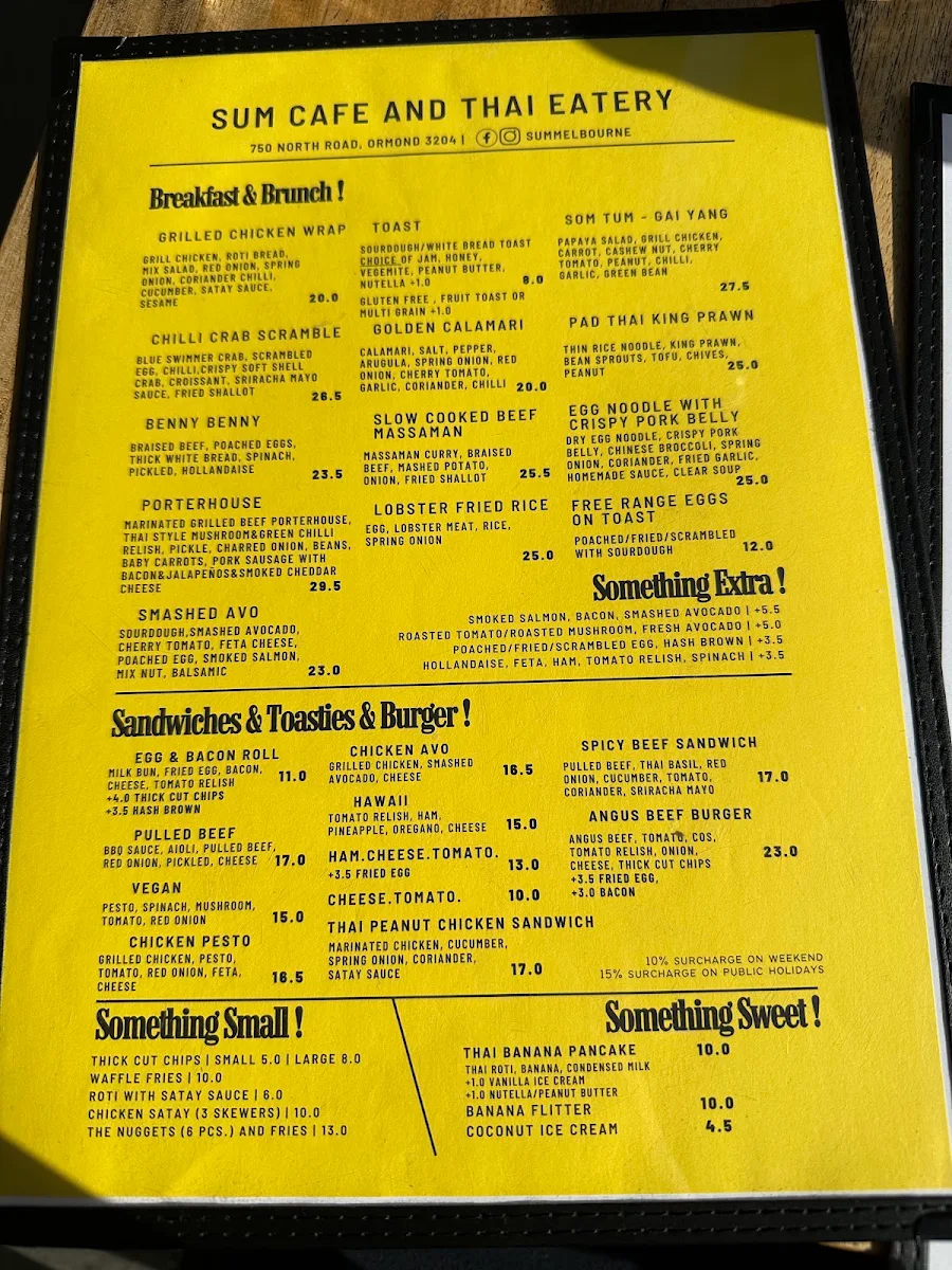 Menu, SUM Cafe and Thai eatery