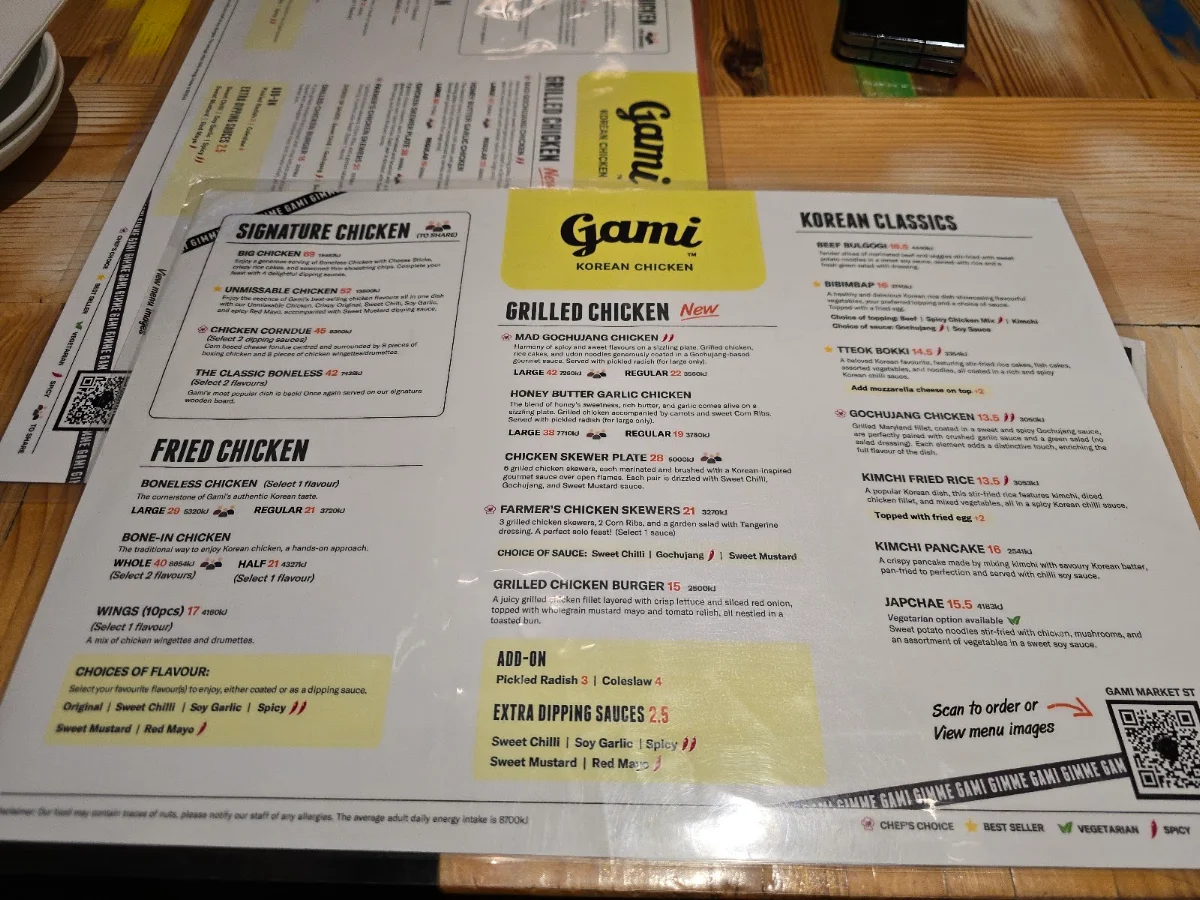 Menu, Gami Chicken & Beer