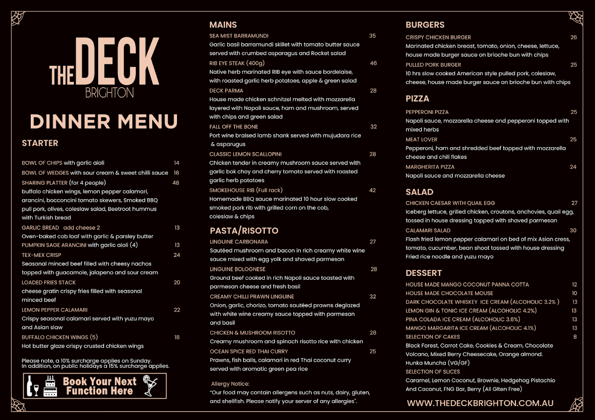 Menu, The Deck Brighton