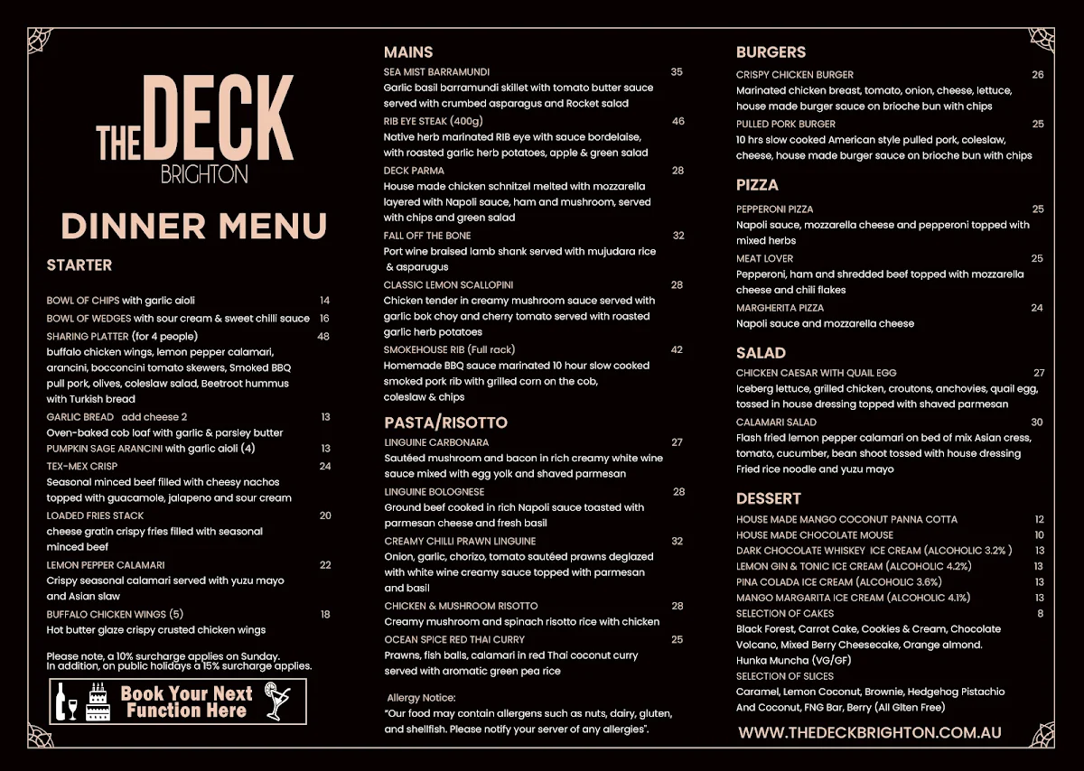 Menu, The Deck Brighton