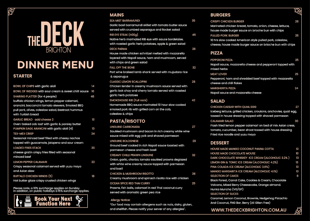 Menu, The Deck Brighton