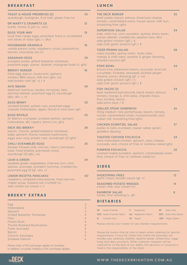 Menu, The Deck Brighton