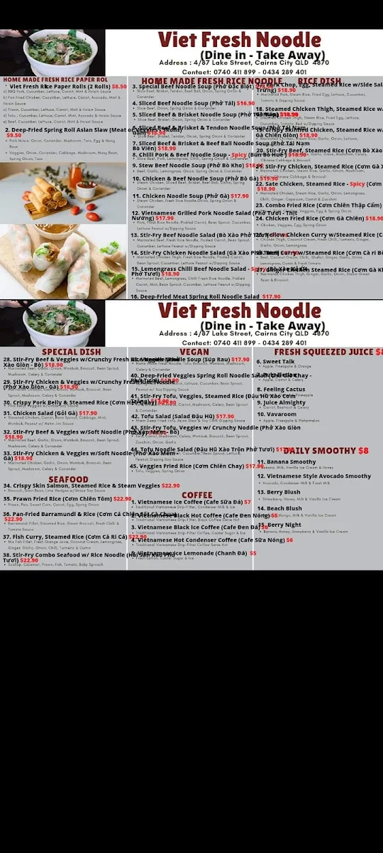Menu, Viet Fresh Noodles