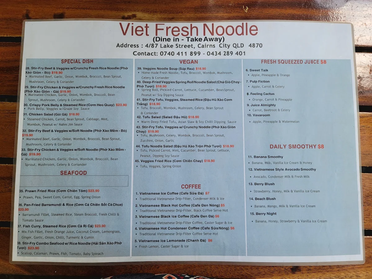 Menu, Viet Fresh Noodles