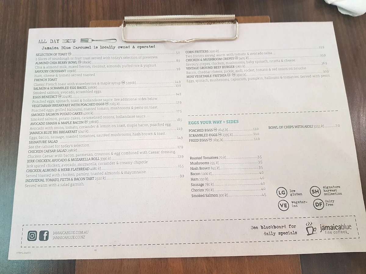 Menu, Jamaica Blue Westfield Carousel