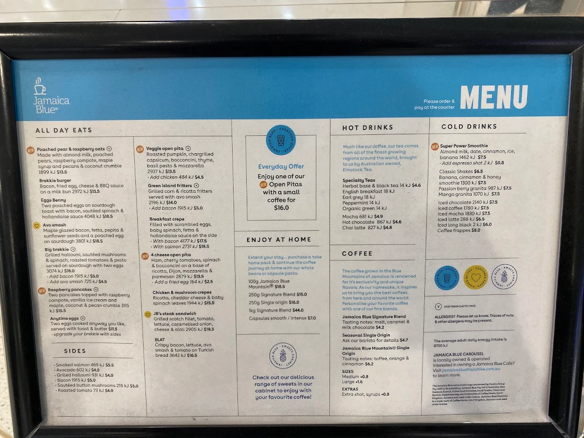 Menu, Jamaica Blue Westfield Carousel