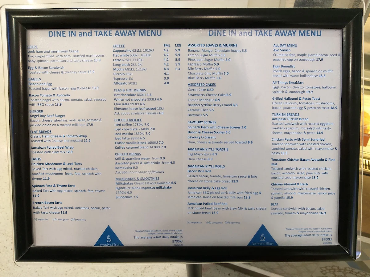Menu, Jamaica Blue Westfield Carousel
