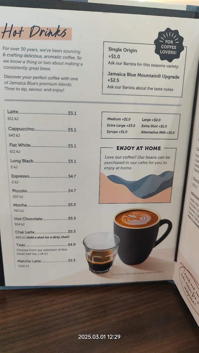 Menu, Jamaica Blue Westfield Carousel