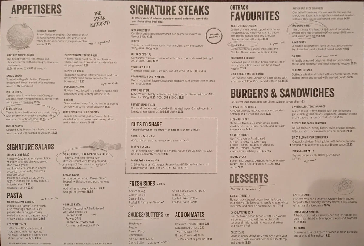 Menu, Outback Steakhouse Glenwood