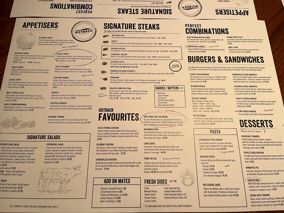 Menu, Outback Steakhouse Glenwood