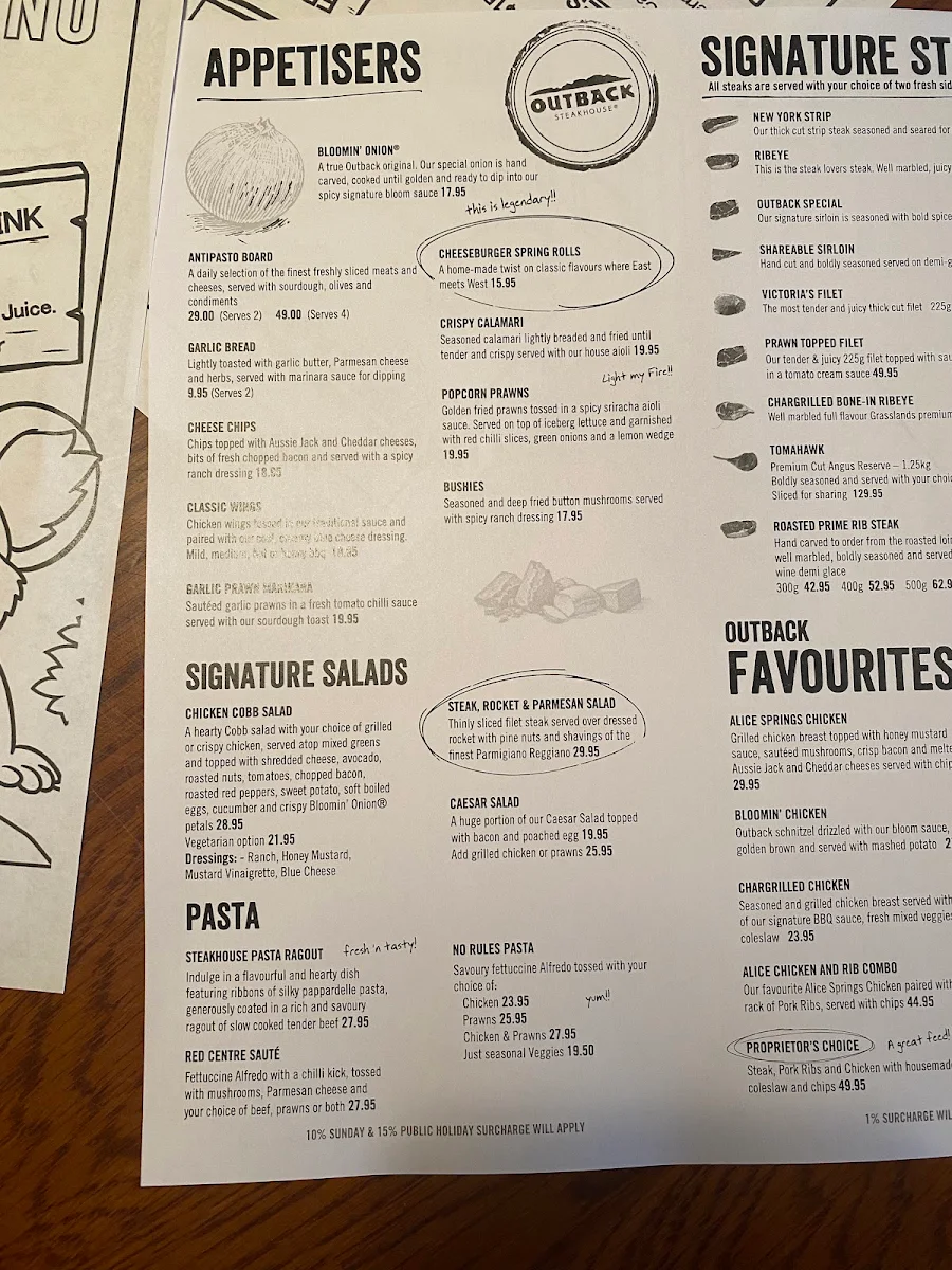 Menu, Outback Steakhouse Glenwood