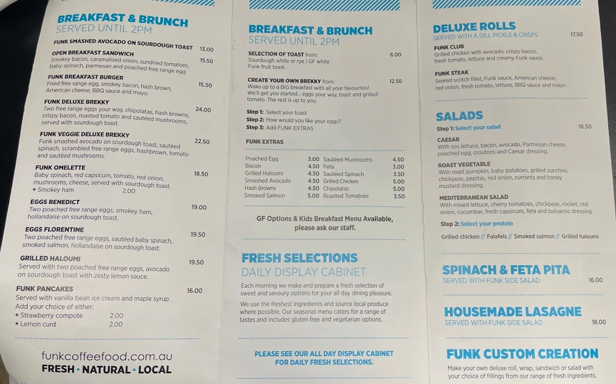 Menu, Funk Coffee + Food