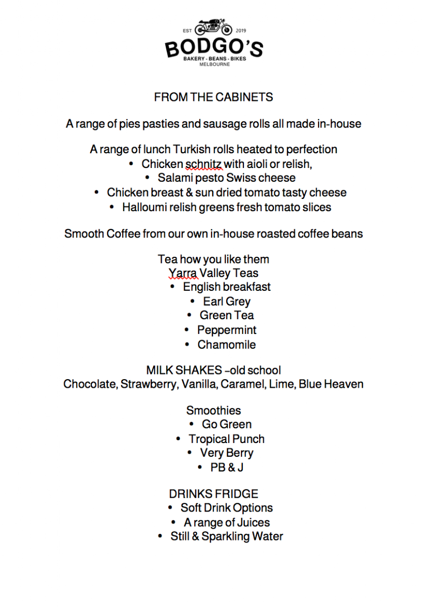 Menu, Bodgo's