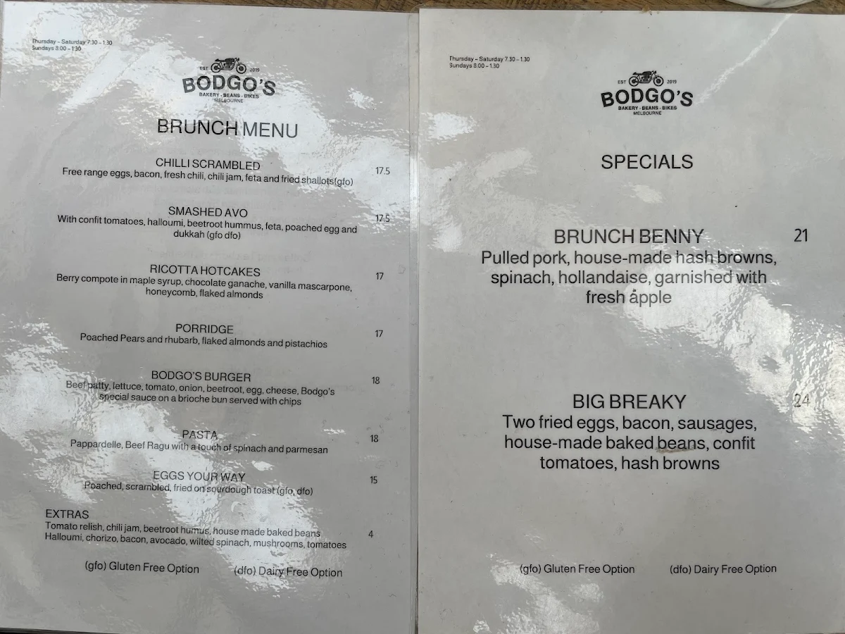 Menu, Bodgo's