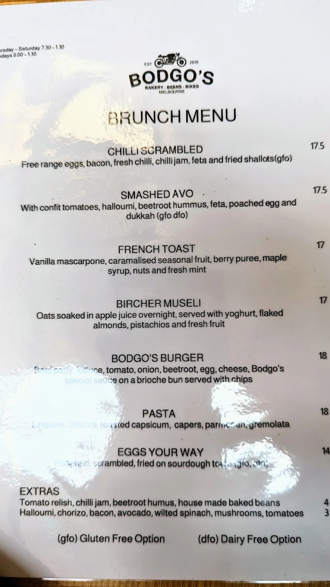 Menu, Bodgo's