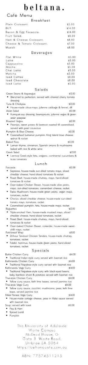 Menu, Beltana Cafe, McLeod House