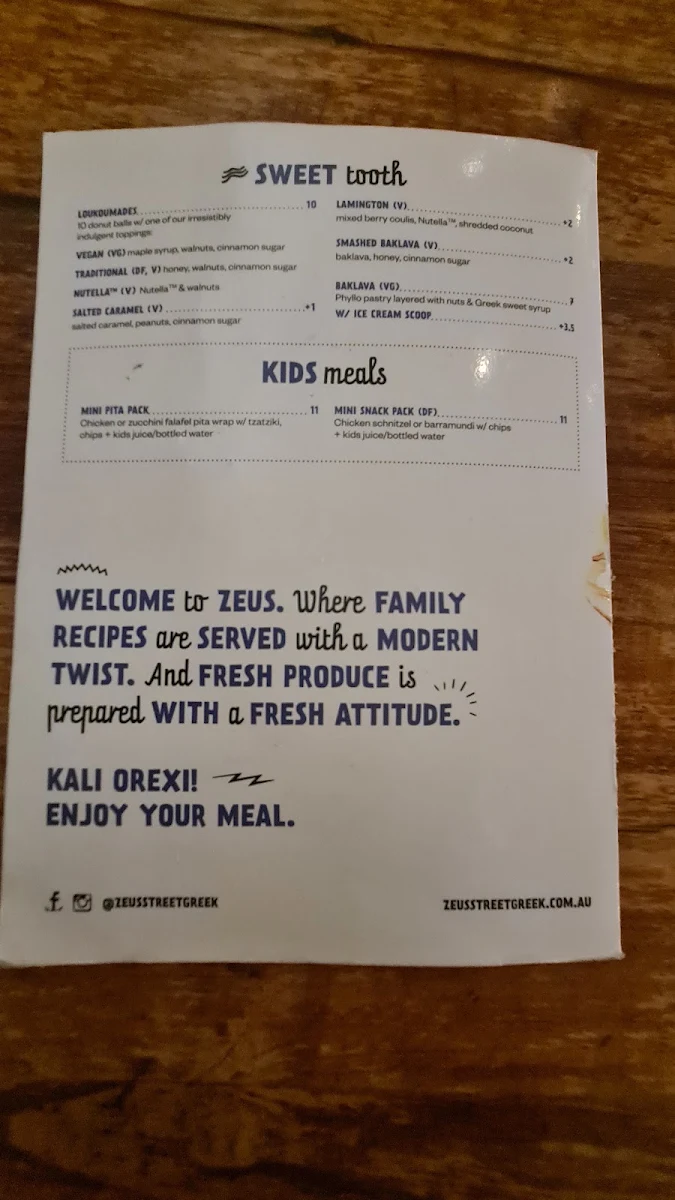 Menu, Zeus Street Greek South Bank
