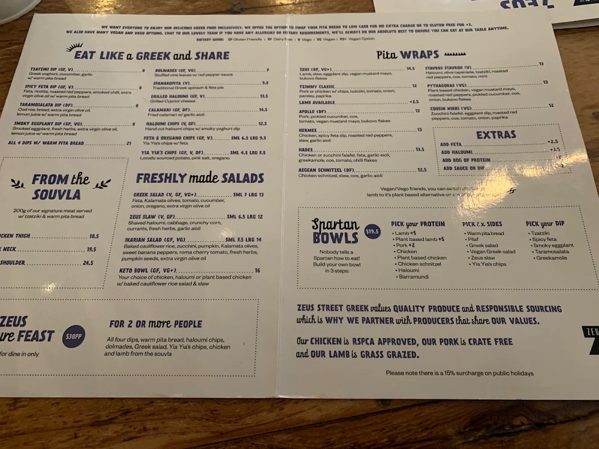 Menu, Zeus Street Greek South Bank
