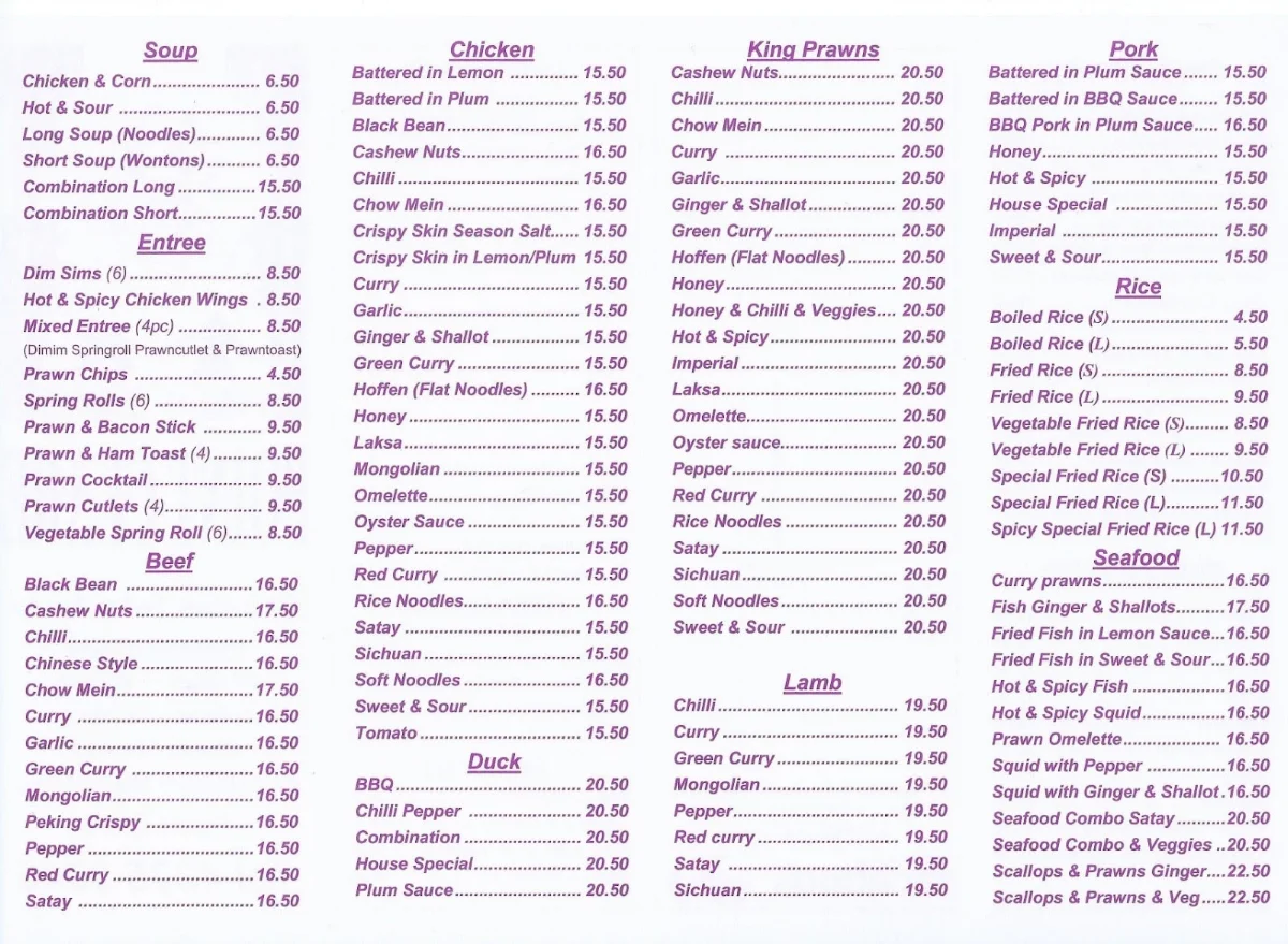 Menu, Point Clare Chinese Take Away