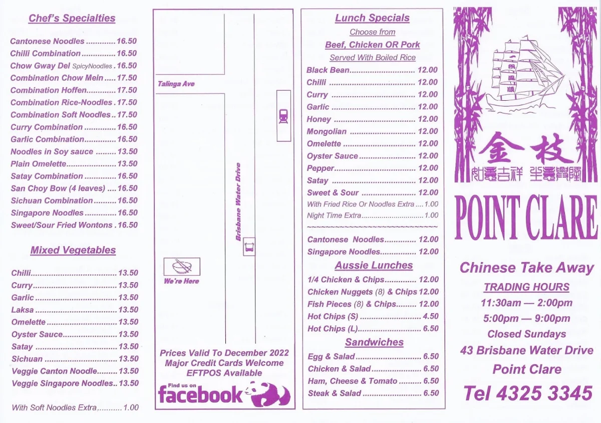 Menu, Point Clare Chinese Take Away