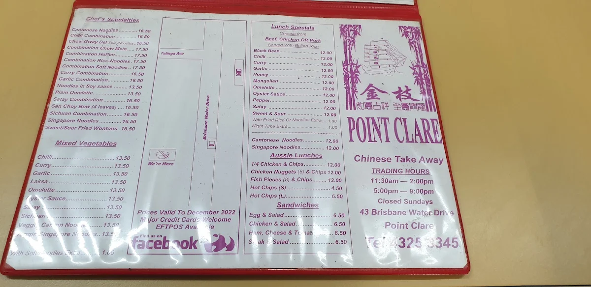 Menu, Point Clare Chinese Take Away