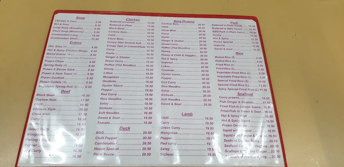 Menu, Point Clare Chinese Take Away